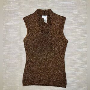Cache Metallic Brown Embellished V-Neck Top